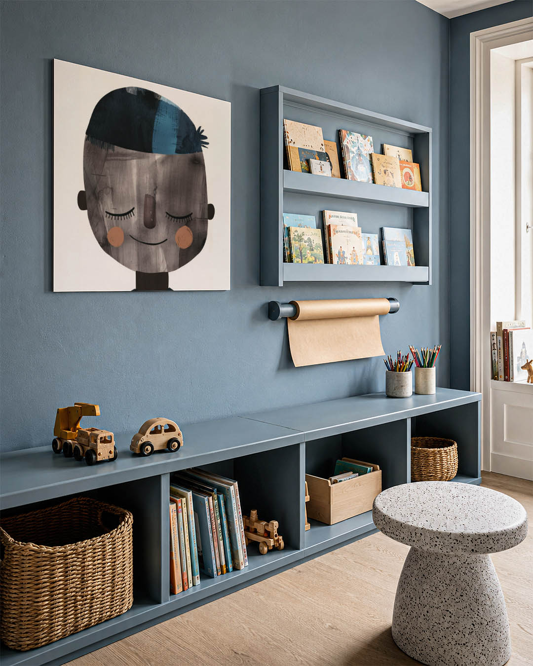 Vrolijk gezicht portret kunstwerk – detailweergave – dit werk toont een eenvoudig, vrolijk gezicht met gesloten ogen. De