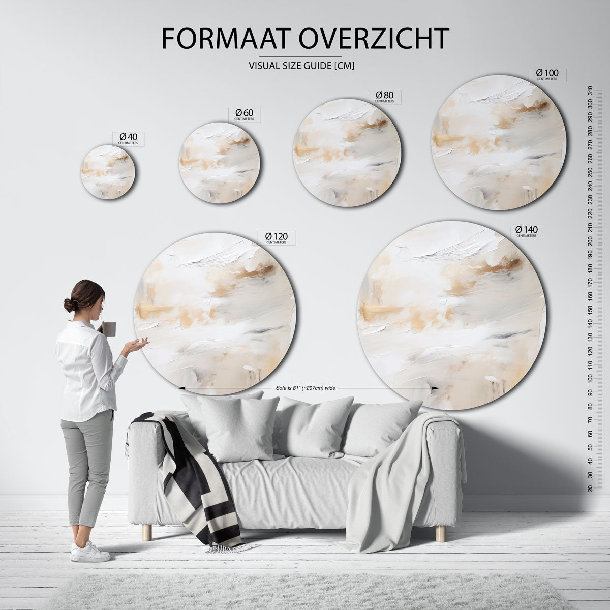 Neutrale tinten – ronde muurcirkel met kleurrijke illustratie
