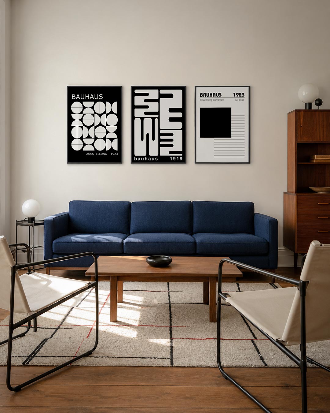 Vormenspel en ritme driedelige posterset – deze posterset in drie delen toont een dynamisch lijnenspel van witte cirkels en
