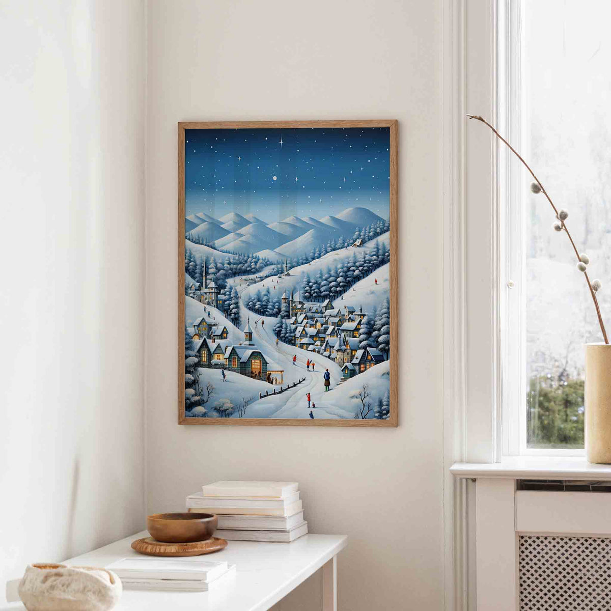 Winterdorp in de bergen – staande kerst wanddecoratie van WallArtistic