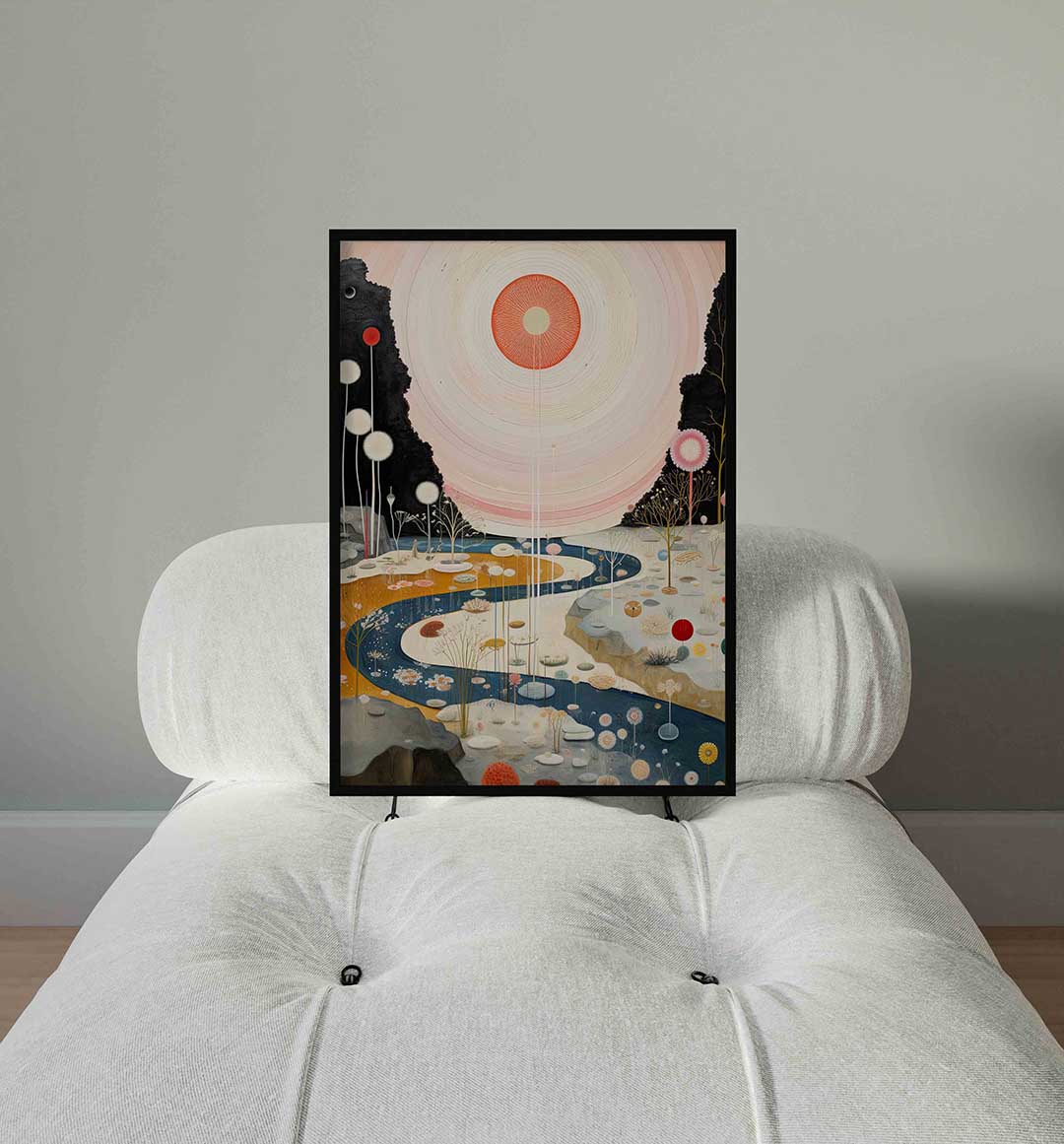 Landschap met zon en rivier – staande surrealistische wanddecoratie van WallArtistic