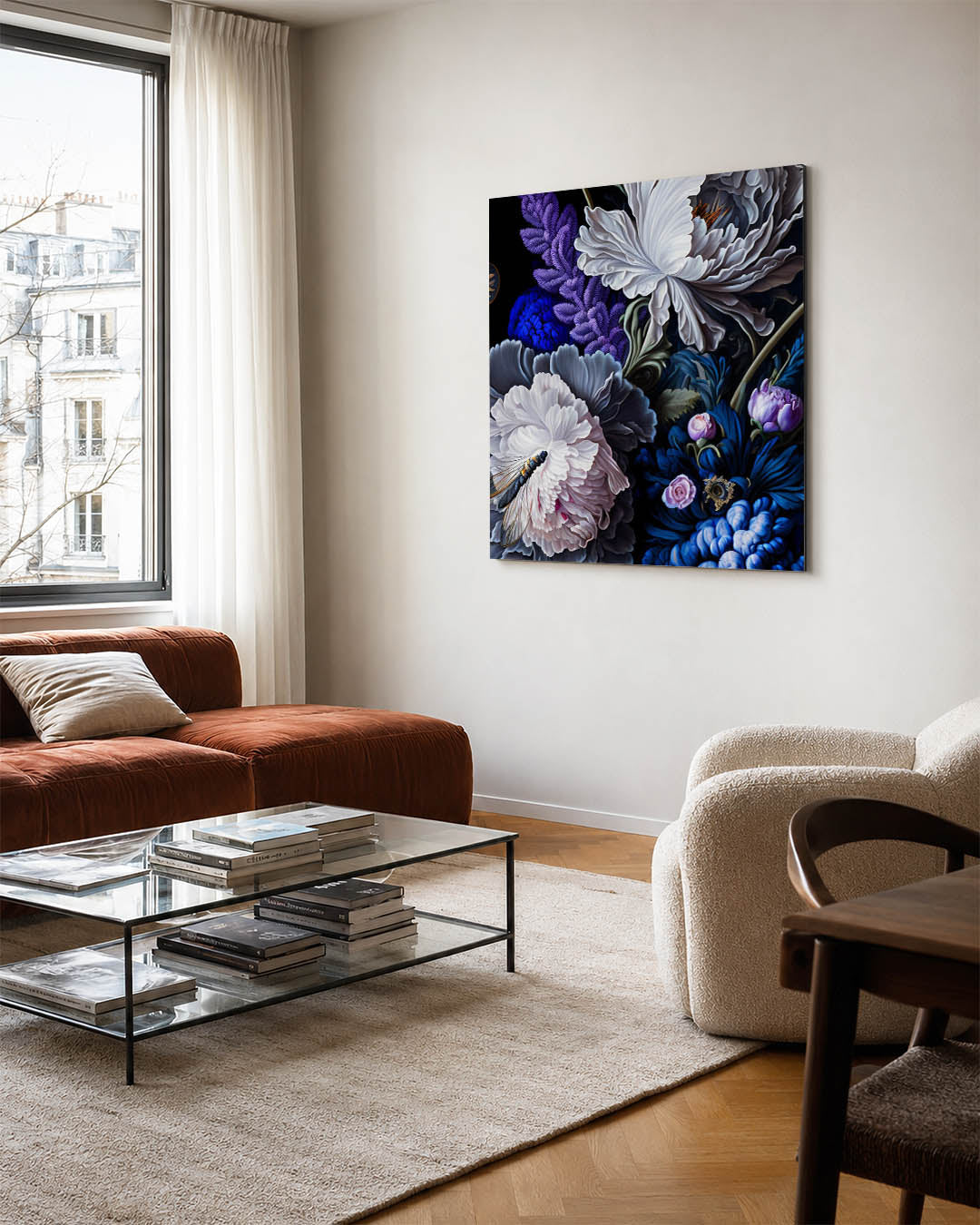 Bloemrijke compositie kunstwerk – vierkante wanddecoratie – dit werk toont een weelderige verzameling bloemen in levendige