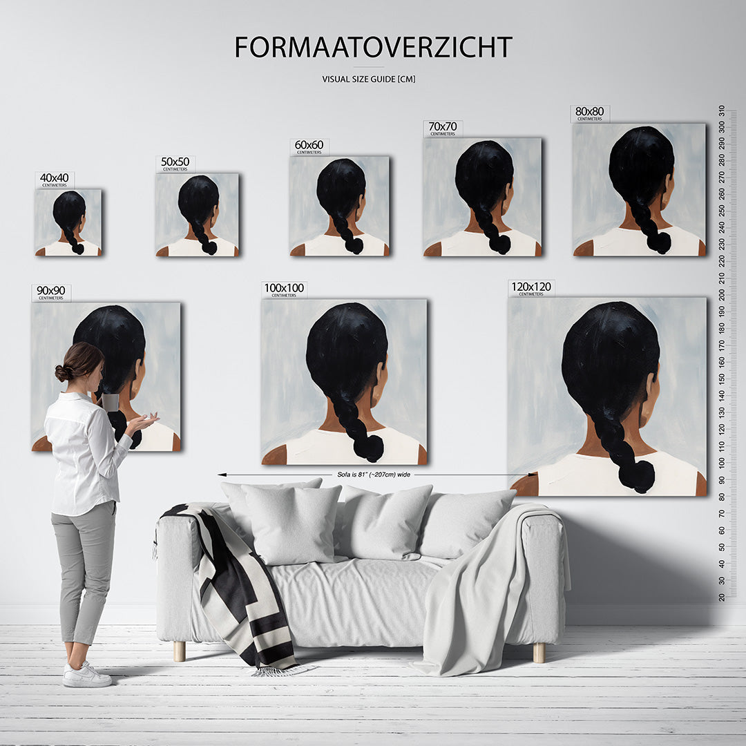 Vrouwelijke silhouet achteraanzicht kunstwerk – sfeerbeeld – dit werk toont een vrouw van achteren met een vlecht, tegen een