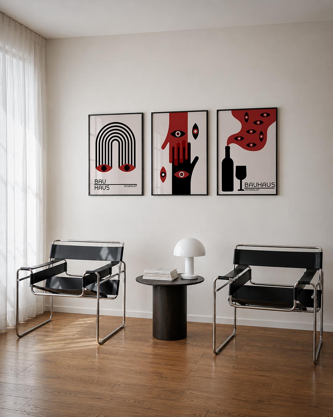 Lijnen en ogen driedelige posterset – deze posterset in drie delen toont een boog van zwarte lijnen met twee rode ogen aan de