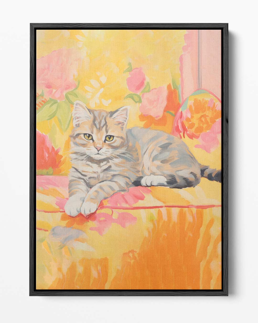 Zomerse Kat in Bloemen – portret kunstwerk als wanddecoratie