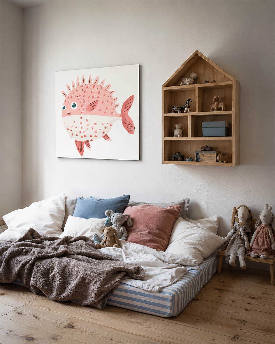 Speelse vis illustratie kunstwerk – derde productweergave – dit kunstwerk toont een speelse vis met ronde vormen en zachte