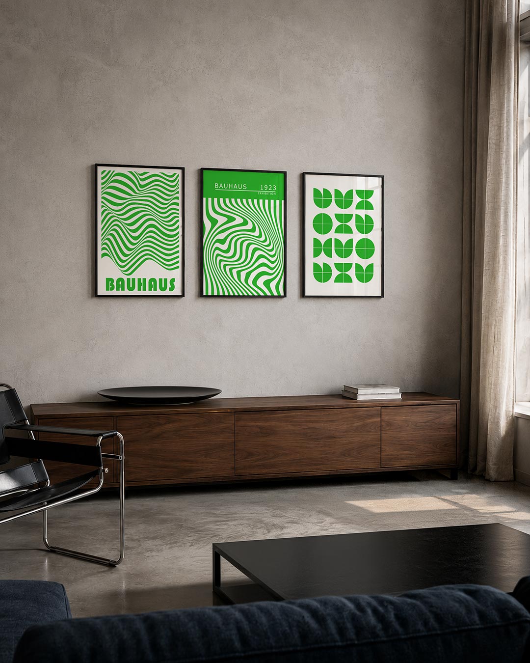 Golvend lijnenspel driedelige posterset – deze posterset in drie delen toont groene golvende lijnen op een witte achtergrond.