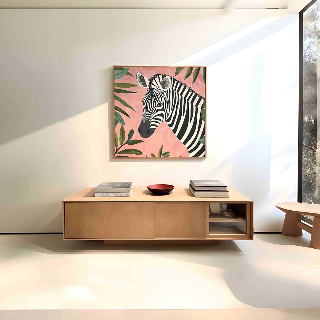 Zebra en bladeren – vierkante dieren wanddecoratie van WallArtistic