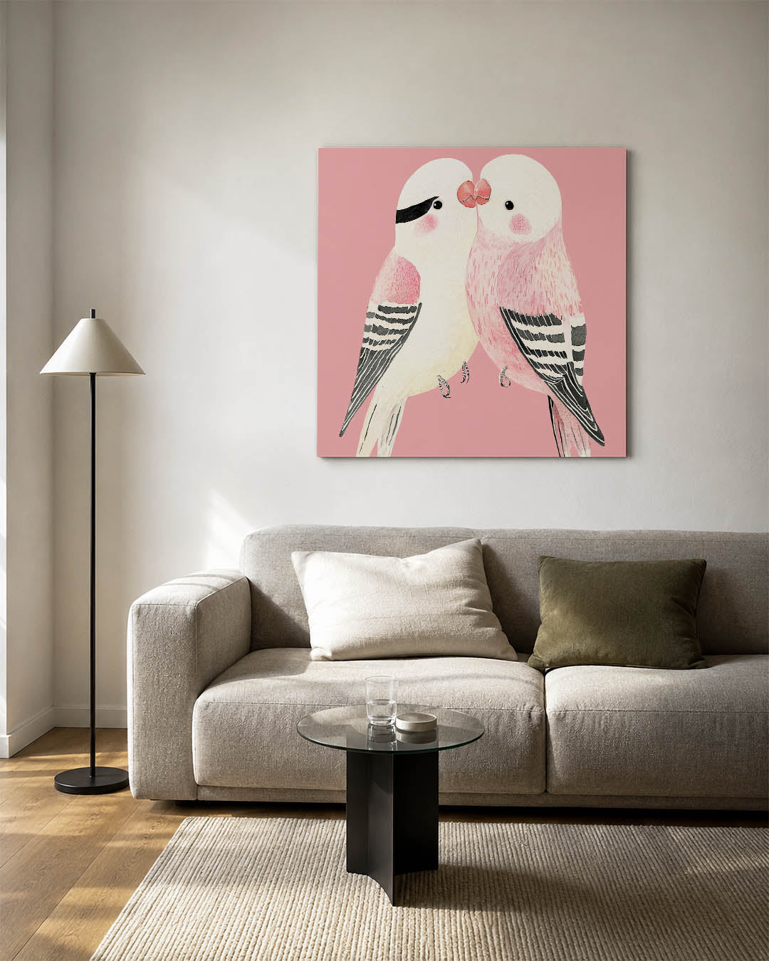 Liefdevolle vogels kunstwerk – detailweergave – twee vogels tegen een roze achtergrond, met zachte lijnen en subtiele