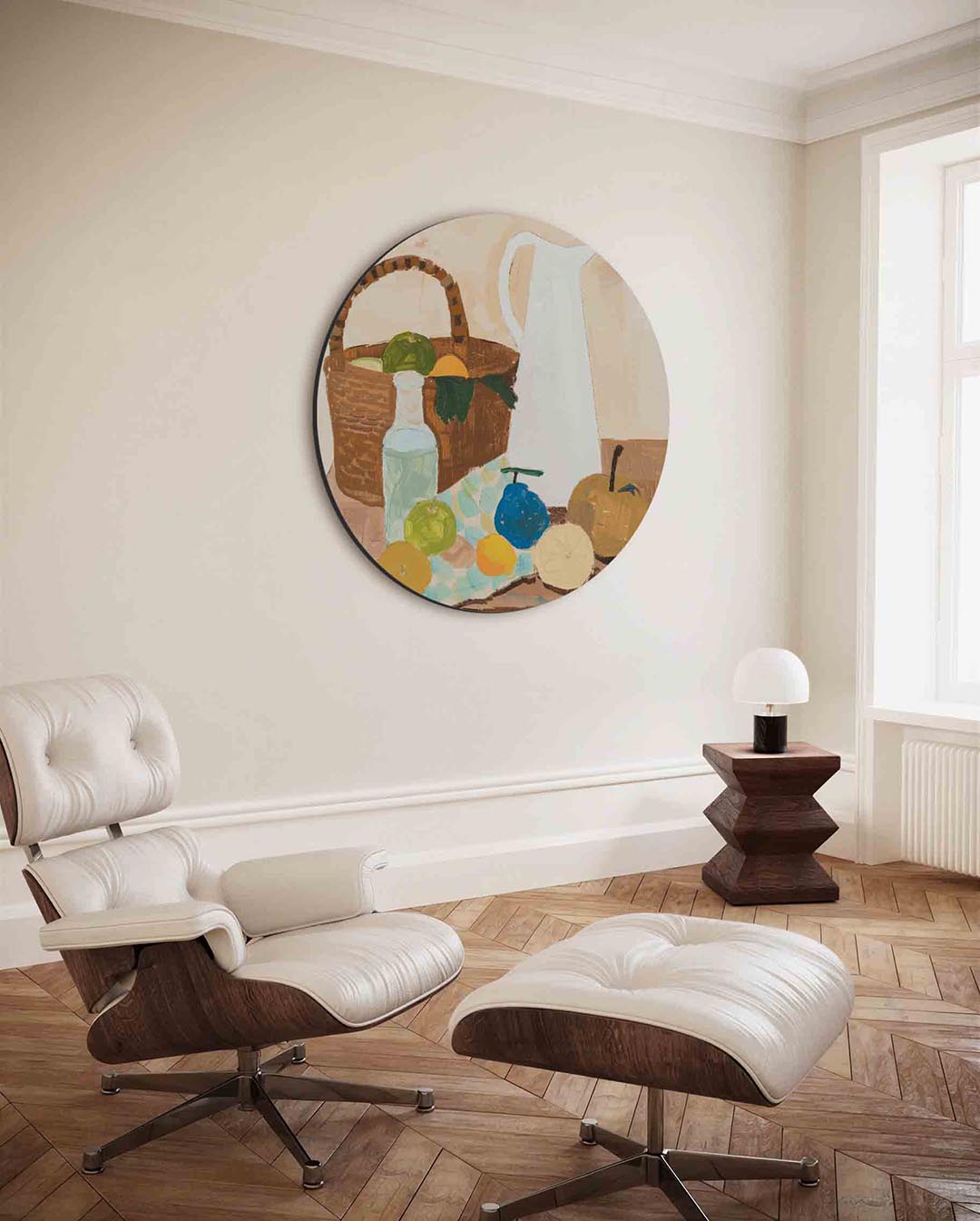 Stilleven met fruit en karaf – moderne ronde wanddecoratie van WallArtistic