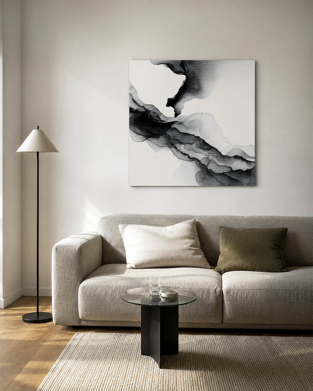 Organische lijnen kunstwerk – vierkante wanddecoratie – dit kunstwerk toont vloeiende zwarte lijnen op een witte achtergrond