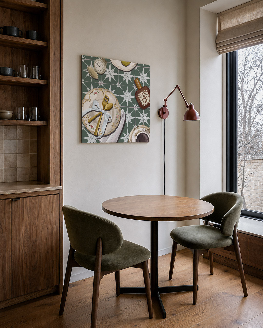 Tafelsetting kunstwerk – derde productweergave – dit werk toont een elegante tafelsetting met gouden bestek, een zakhorloge