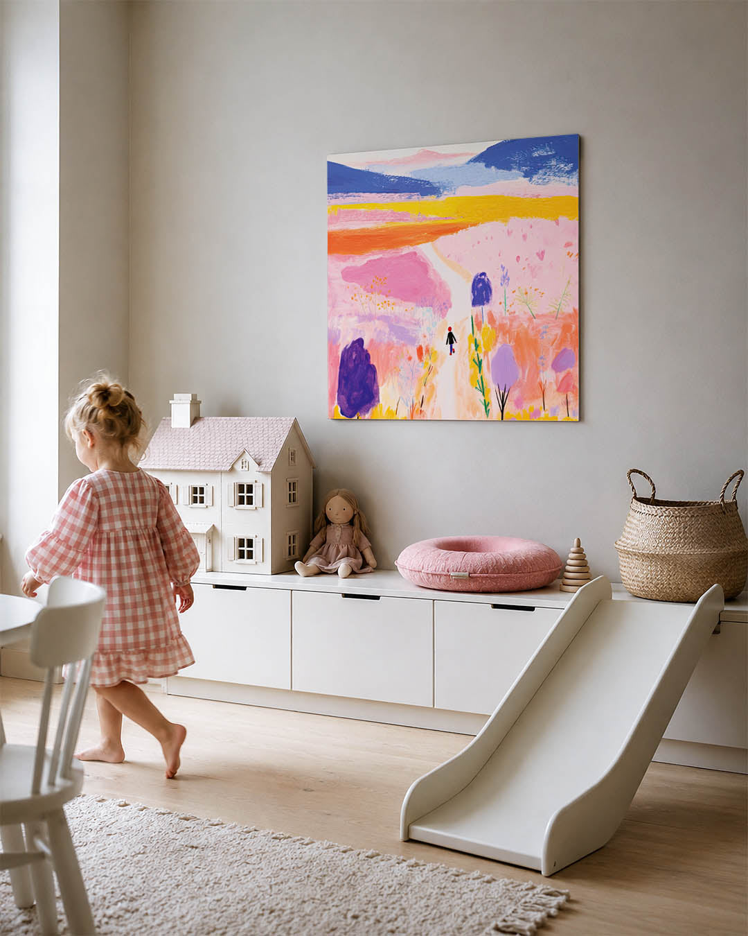 Kleurrijke landschap wandeling kunstwerk – tweede productweergave – dit kunstwerk toont een levendig landschap met een pad