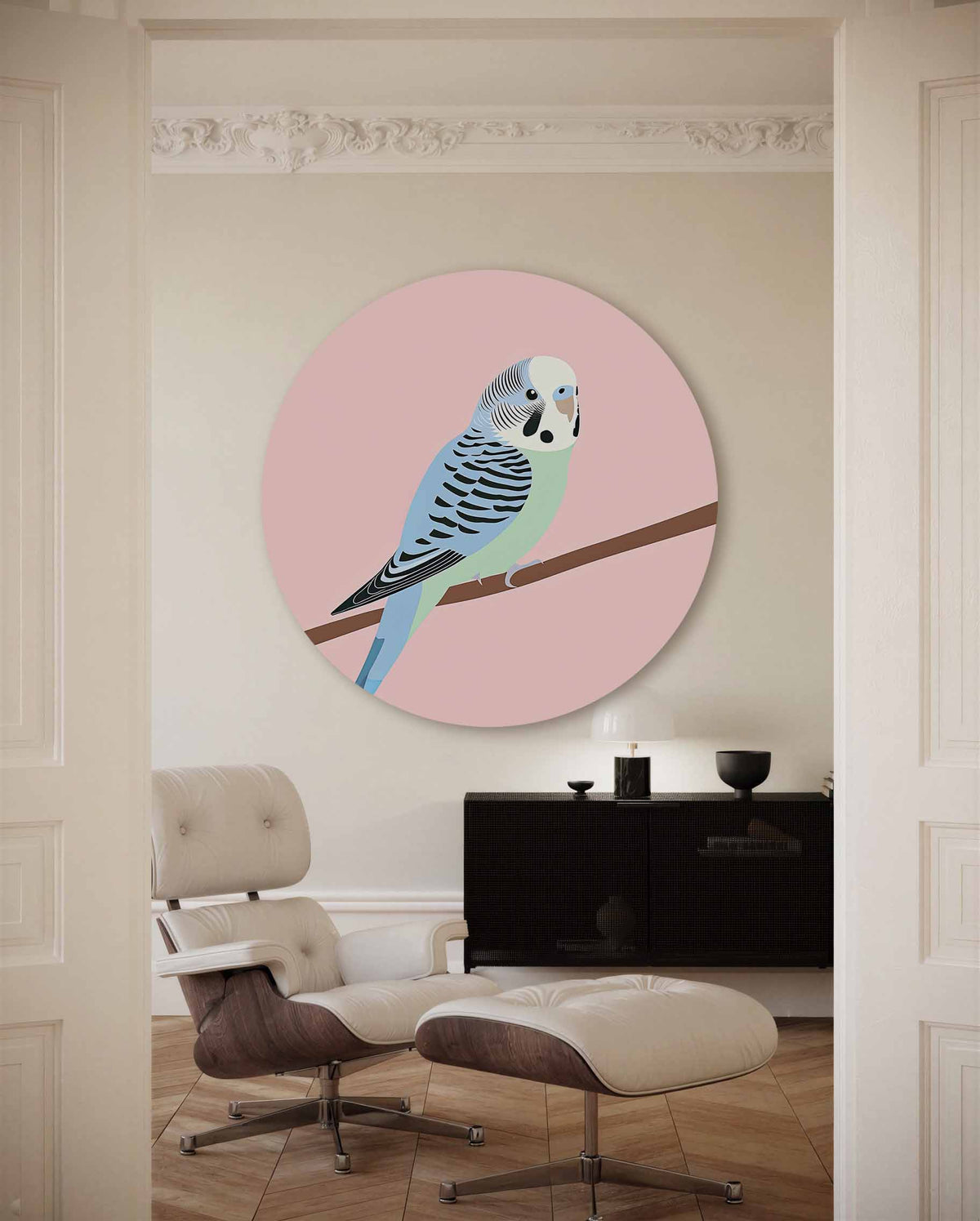 Parkiet op tak – illustratie muurcirkel als ronde muurdecoratie