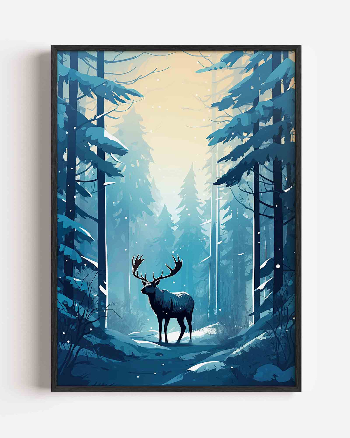 Hert in besneeuwd bos – kerst portret poster als wanddecoratie