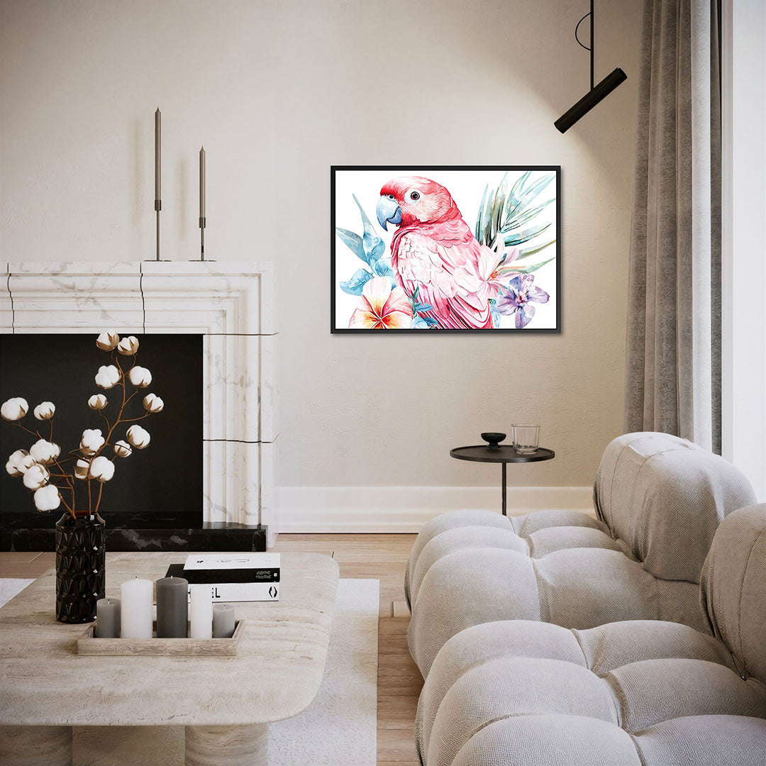 Papegaai met bloemen – liggende wanddecoratie