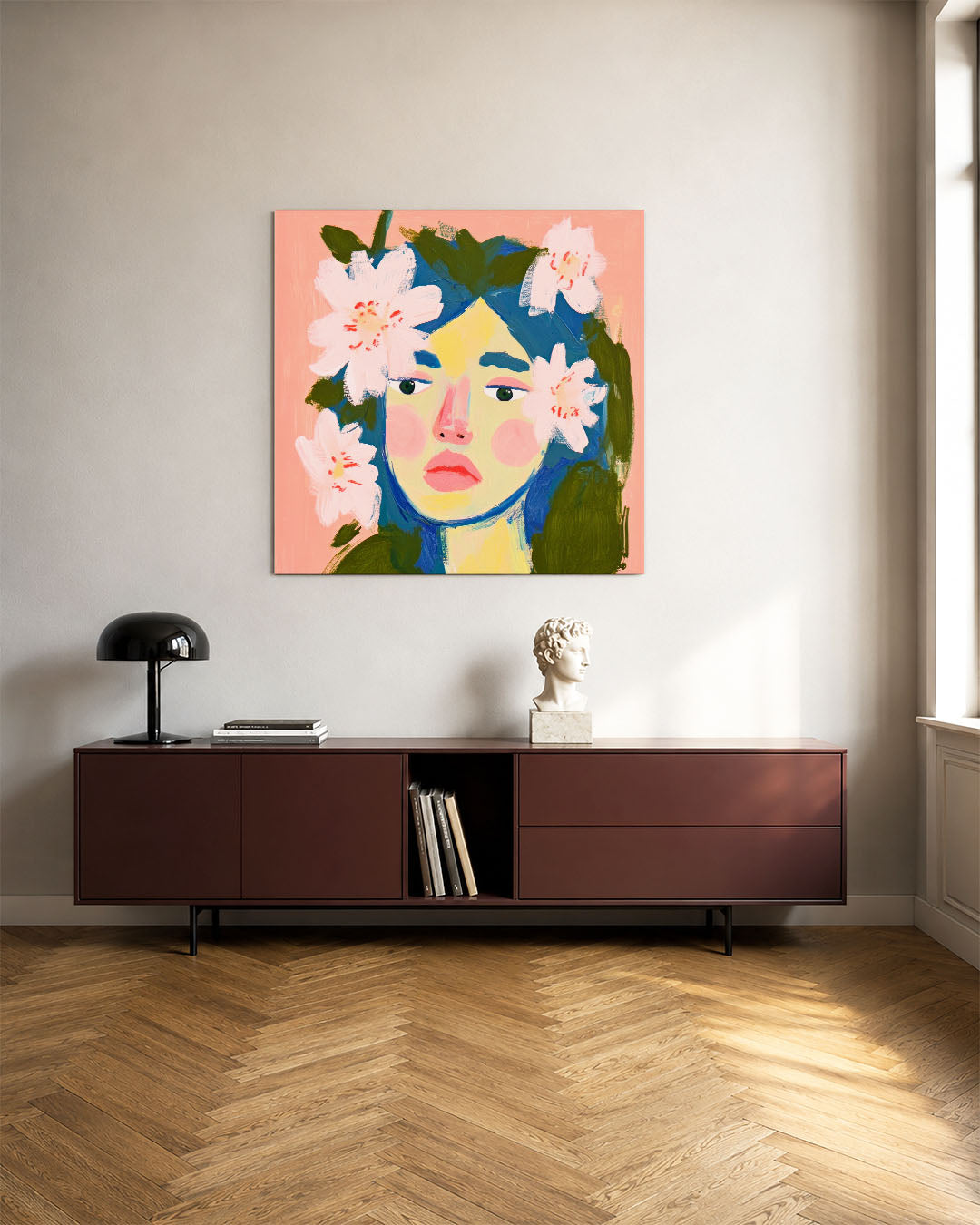 Dromerige bloemenportret kunstwerk – tweede productweergave – dit werk toont een gezicht met expressieve ogen, omringd door