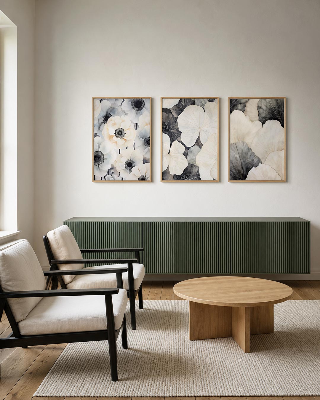 Bloemrijke harmonie posterset – derde productweergave – deze posterset in drie delen toont grote bloemen in zachte
