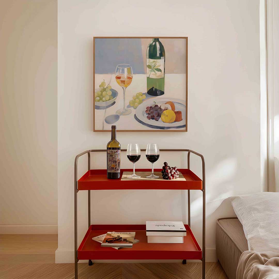 Stilleven met fruit en wijn – vierkante keuken wanddecoratie van WallArtistic