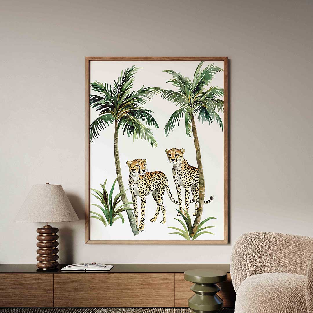 Luipaarden en palmbomen – tropische jungle poster in staand formaat