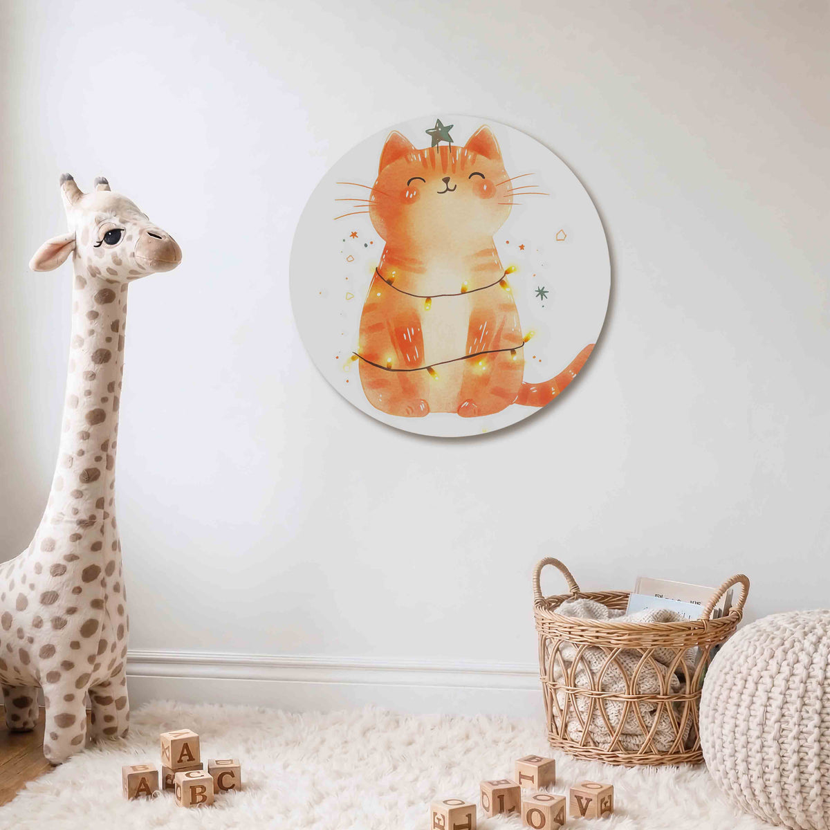 Oranje kat met lichtjes Muurcirkel – Een oranje kat met een ster op zijn hoofd, omringd door lichtjes en kleine stervormen.
