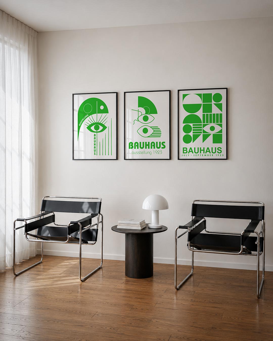 Oog en lijnen posterset – tweede productweergave – deze posterset toont een groot groen oog met strakke lijnen en cirkels. De