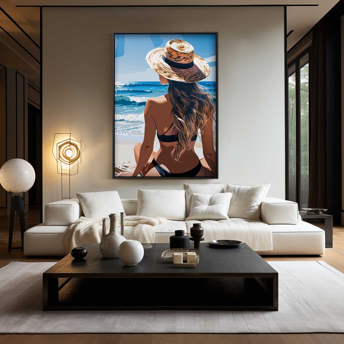Zomers Stranduitzicht – kunstwerk met zwarte baklijst