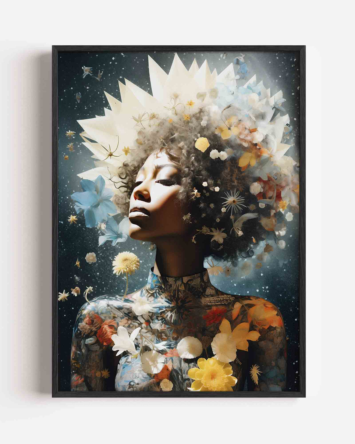 Vrouw met bloemen en sterren – surrealistische portret poster als wanddecoratie