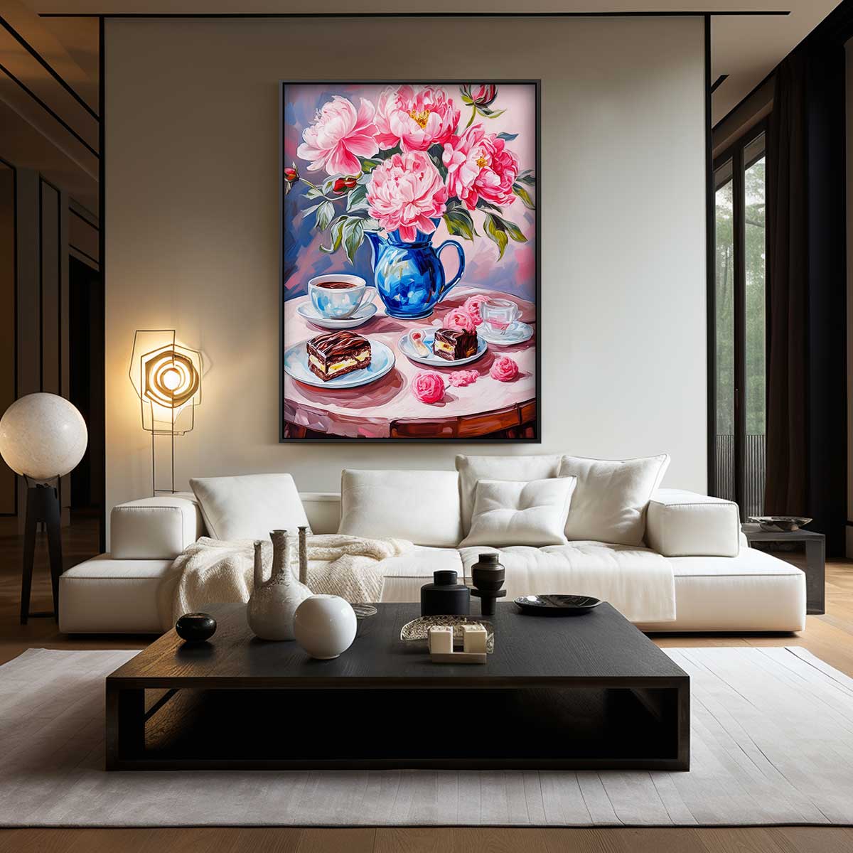 Bloemrijke koffie moment – kunstwerk met zwarte baklijst