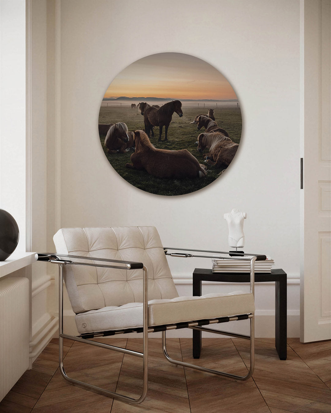 Paarden in landschap – fotografie muurcirkel als ronde wanddecoratie