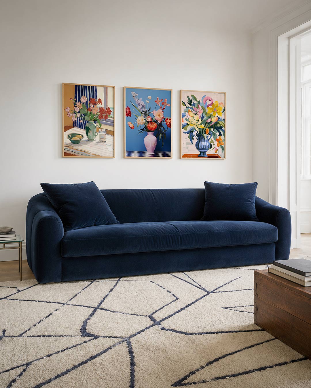 Bloemen en strepen driedelige posterset – een vaas met kleurrijke bloemen staat op een tafel met een