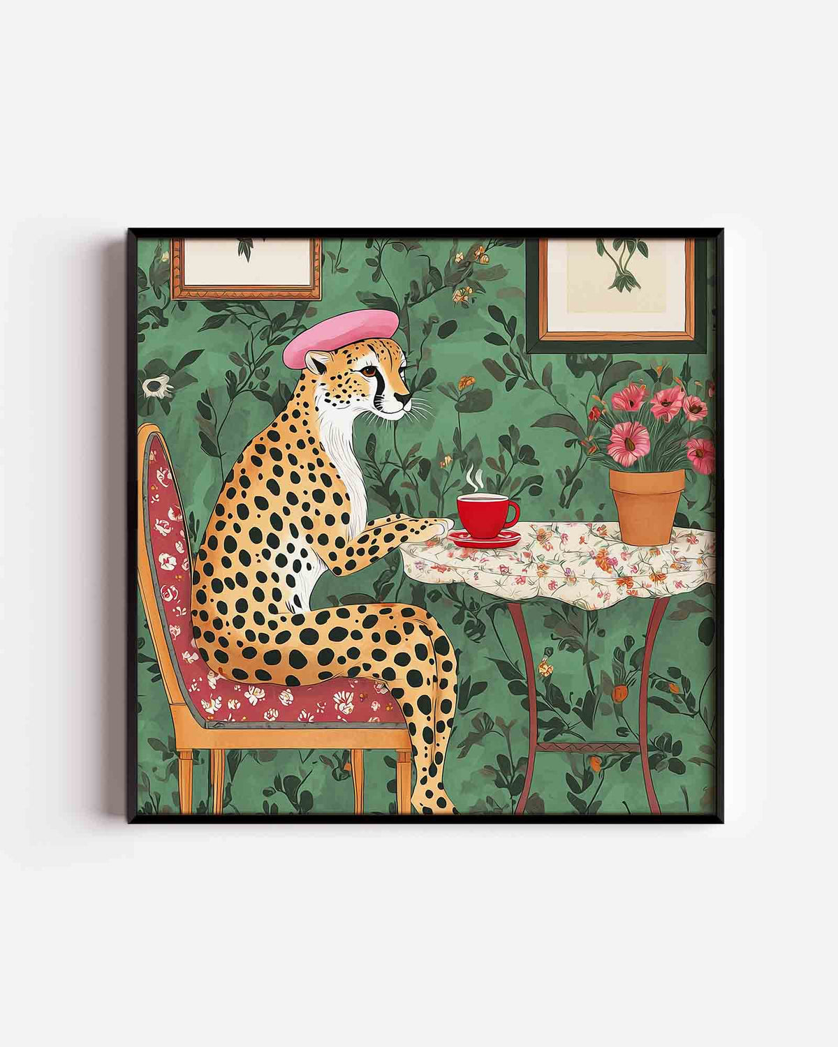 Cheetah met hoed en koffie – jungle vierkante poster als wanddecoratie