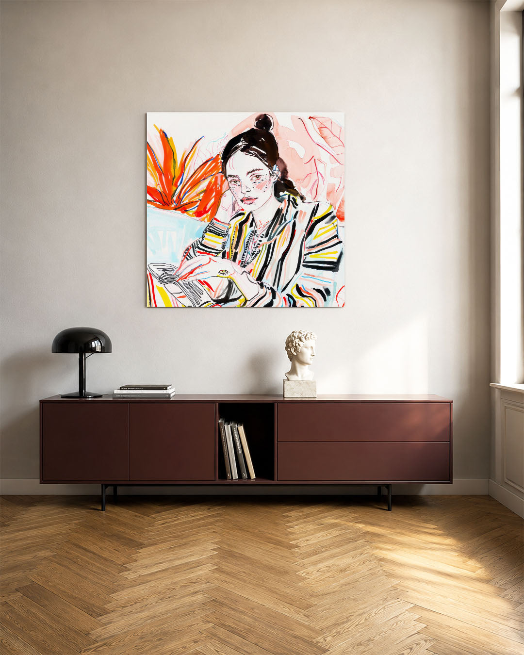 Kleurrijke portret illustratie kunstwerk – tweede productweergave – dit werk toont een levendig portret met dynamische lijnen