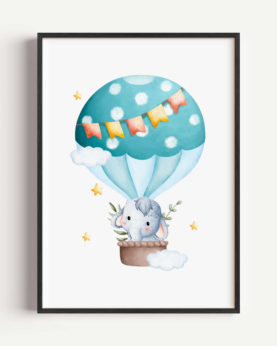 Schattige Olifant in Luchtballon – kids portret poster als wanddecoratie