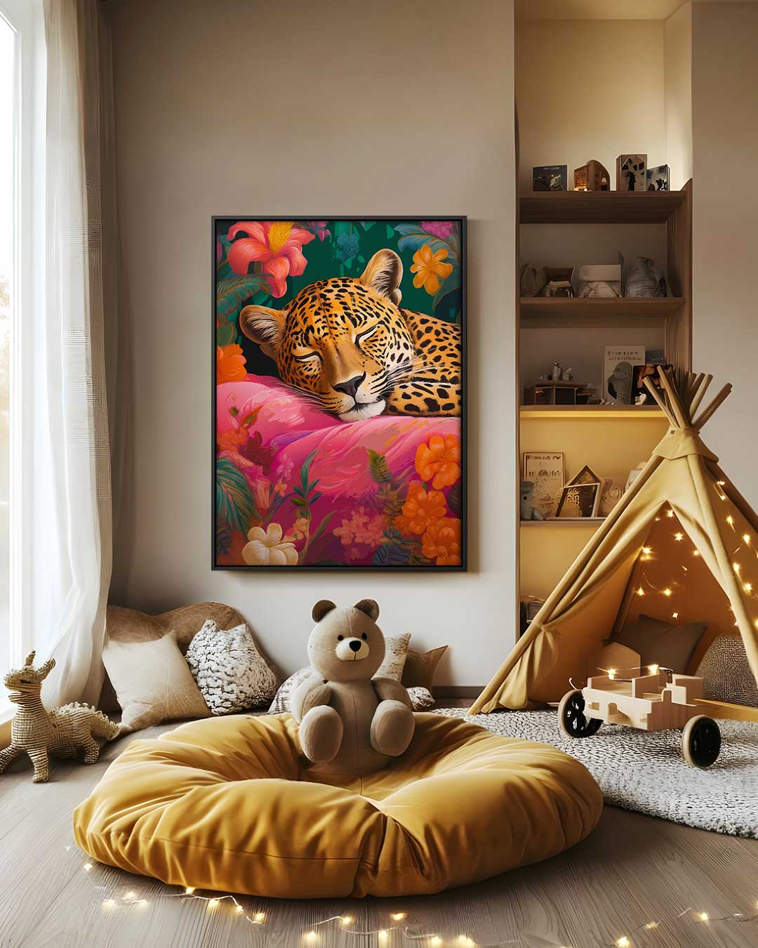 Dromerige Luipaard in Bloemenparadijs – canvas wanddecoratie in portret formaat