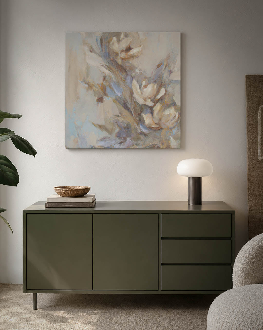 Dromerige bloemvormen kunstwerk – detailweergave – dit kunstwerk toont zachte bloemvormen in een vloeiende compositie. De