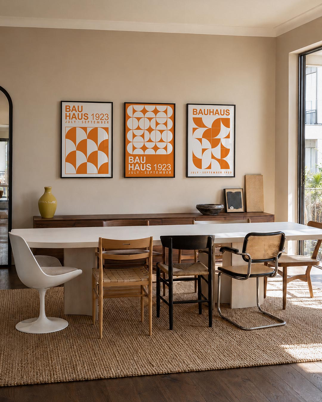 Kleur en vormen posterset – tweede productweergave – deze posterset in drie delen toont een levendig spel van oranje en wit.