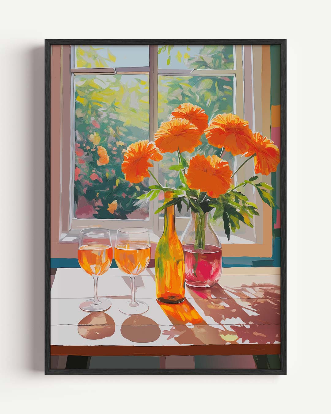 Zonnige Bloemen en Rosé – bloemen portret poster als wanddecoratie