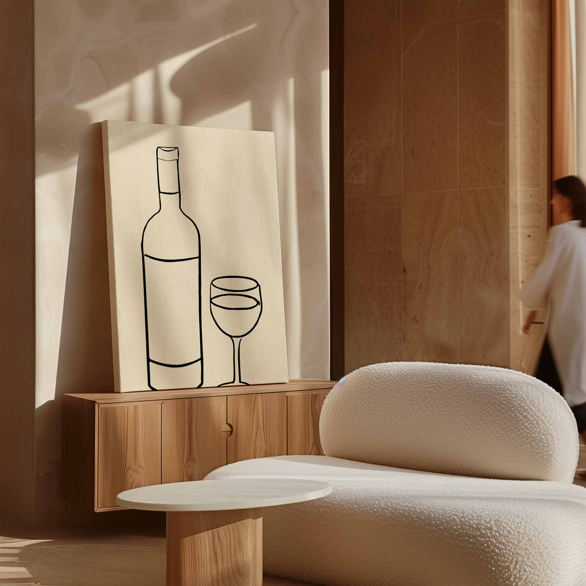Wijn en Glas Minimalistische Lijntekening – dibond kunstwerk als wanddecoratie