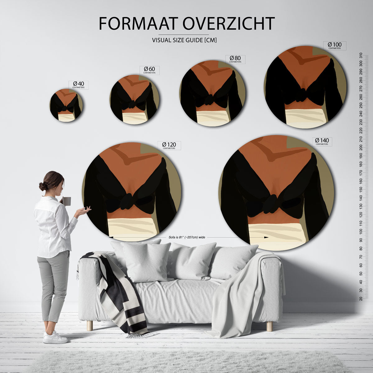 Vrouw met zwarte top – abstracte wandkunst met textuur als muurcirkel