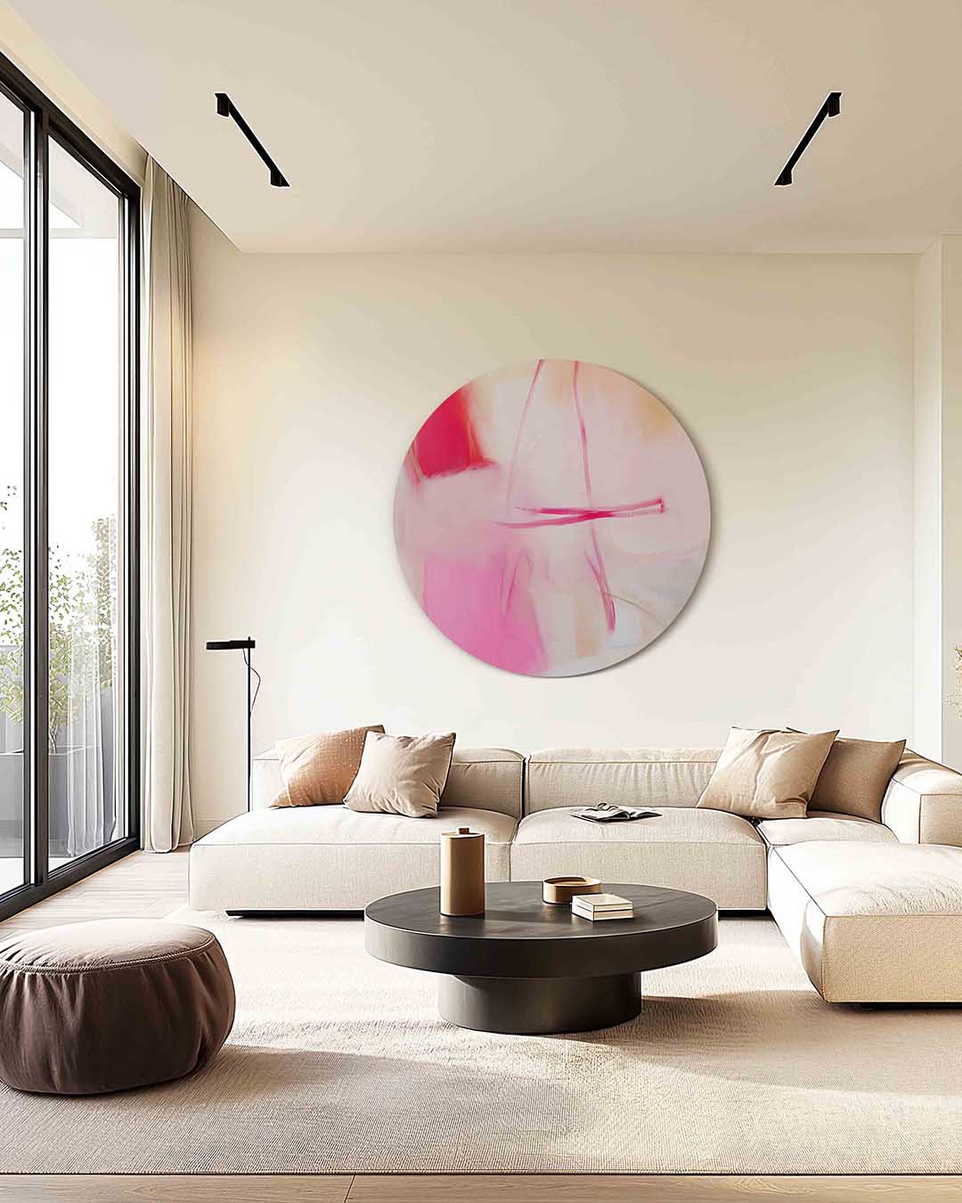 Abstracte roze – kleurrijke muurcirkel als ronde wanddecoratie
