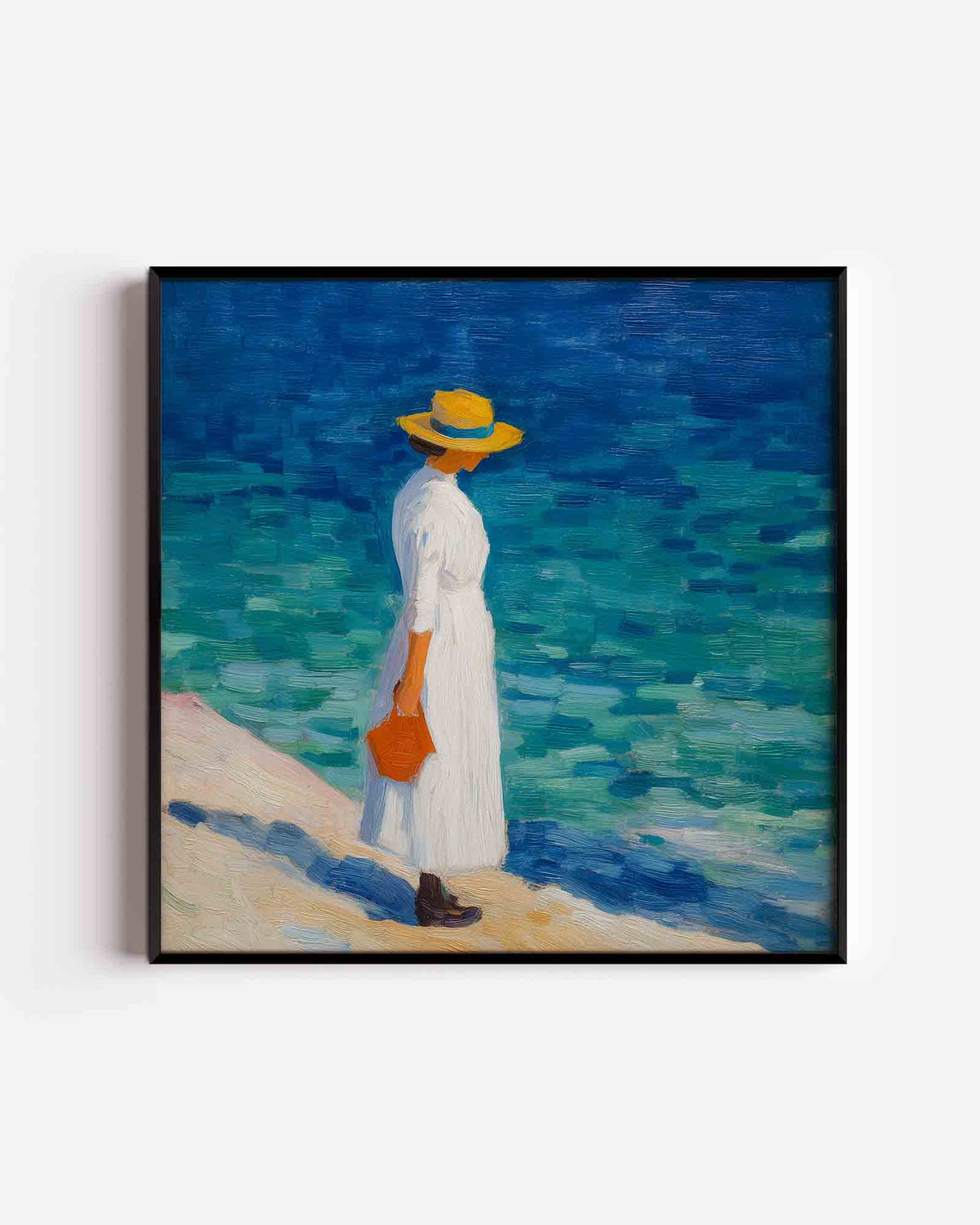Vrouw met hoed aan zee – vierkante poster met kleur en vormen als wanddecoratie