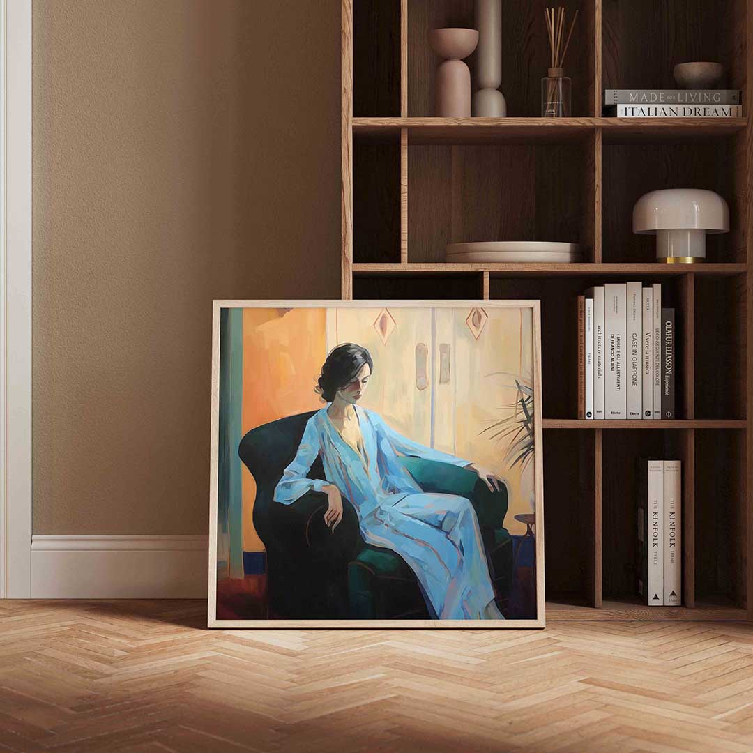 Vrouw in blauwe jurk – portret poster in vierkant formaat