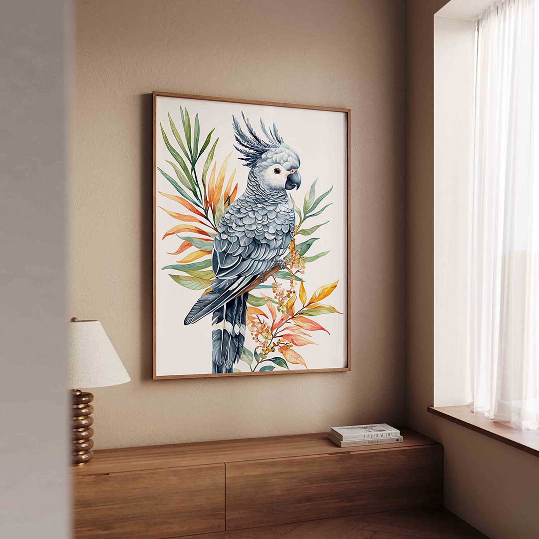 Papegaai en bladeren – tropische wandkunst als portret poster