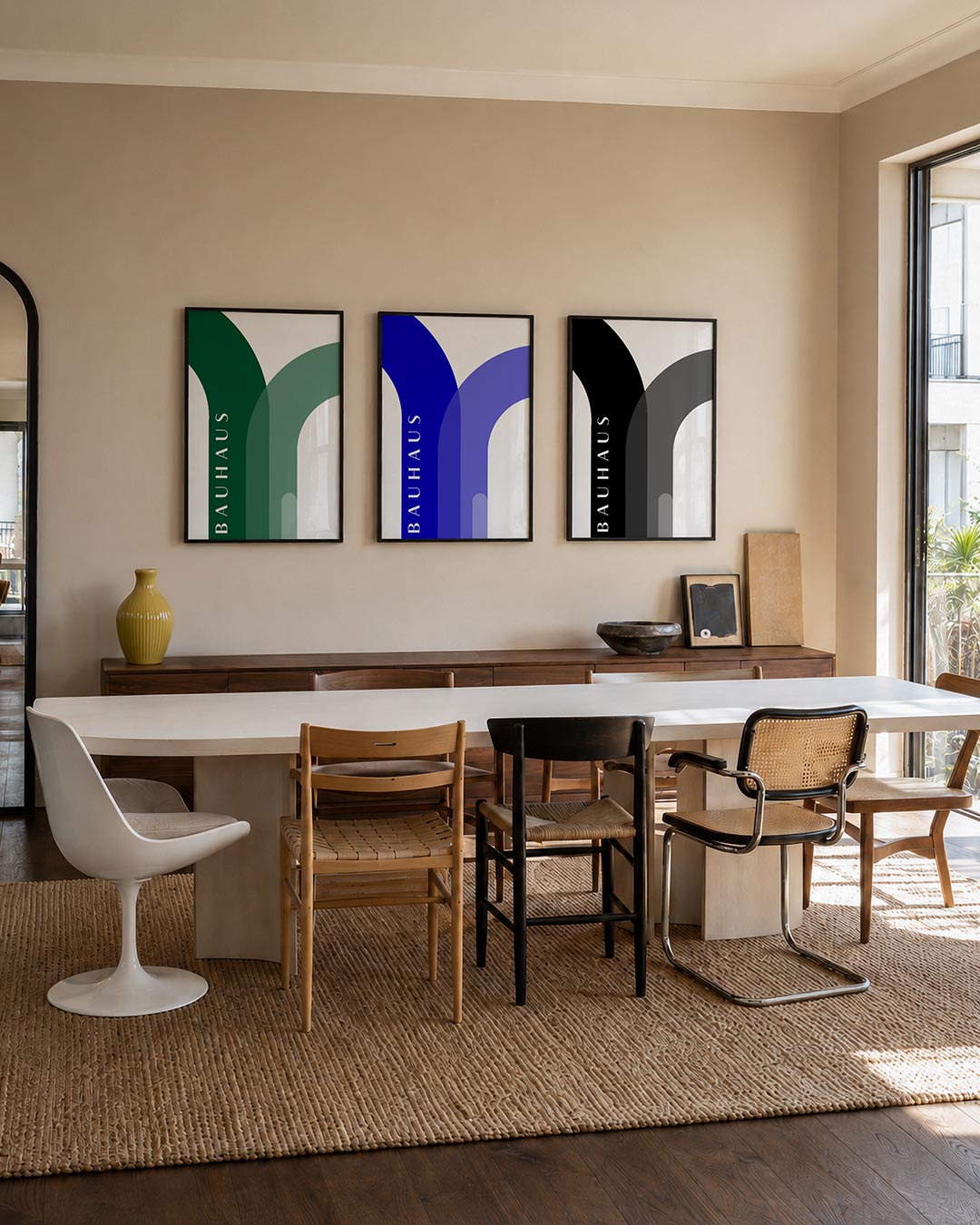 Kleurvlakken en lijnen driedelige posterset – deze posterset in drie delen toont een spel van groene bogen en lijnen op een