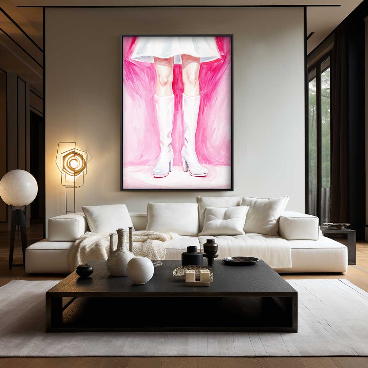 Witte Laarzen op Roze – staand kunstwerk voor modern interieur