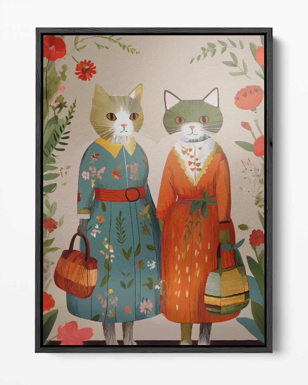 Retro Katten Vriendinnen – portret kunstwerk als wanddecoratie