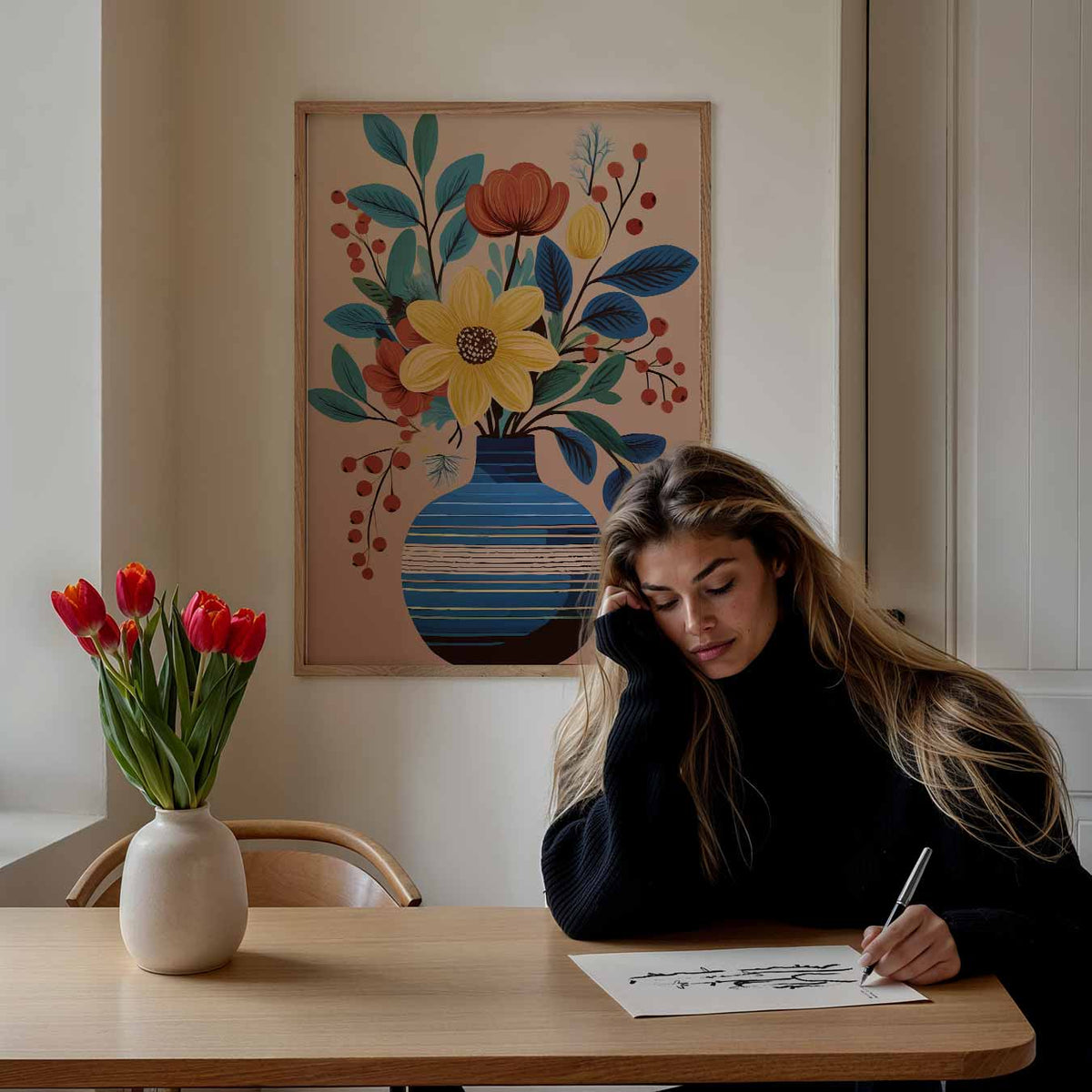 Bloemenpracht in Blauwe Vaas – bloemen poster als moderne staande wanddecoratie