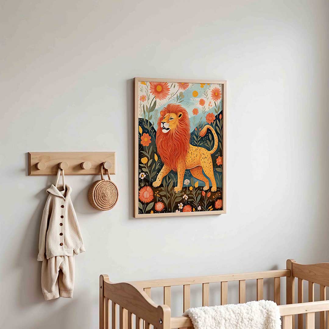 Leeuw tussen bloemen – kinderposter in staand formaat