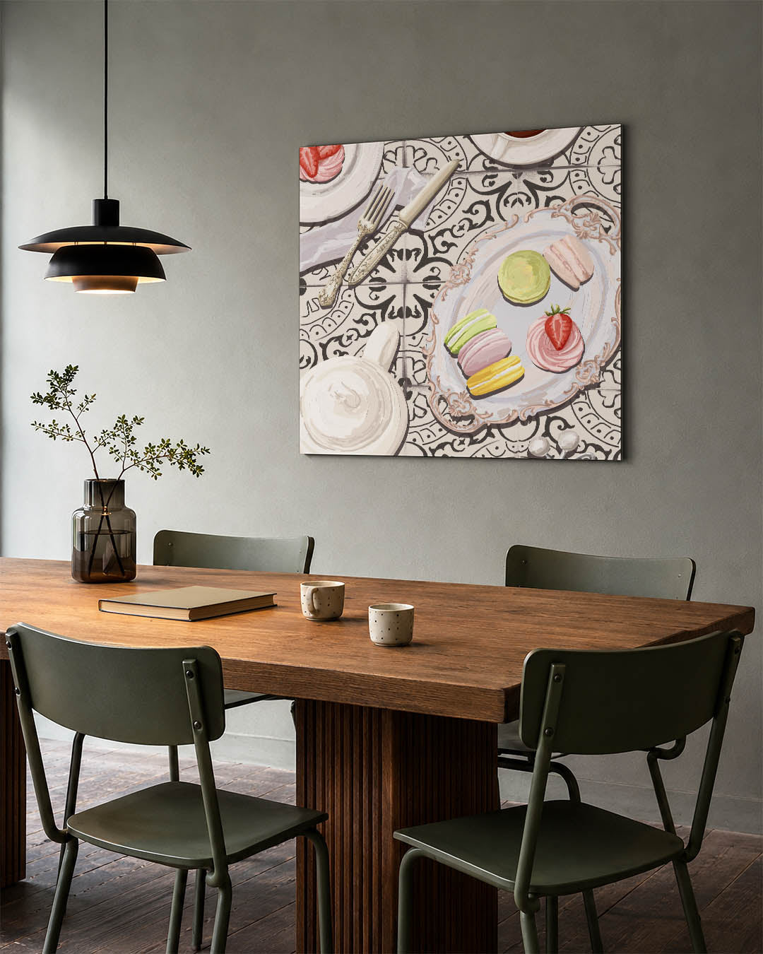 Delicaat desserttafereel kunstwerk – tweede productweergave – dit toont een elegant gedekte tafel met kleurrijke macarons en